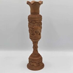 Hand Carved Embossed Wild Animals Safari Artisan Single Wooden Flower Vase 10"
